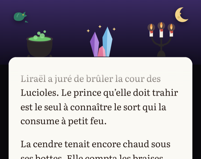 Un salon de lecture en Romantasy : le décor, l’extrait ouvert, et les réactions au bas de l’écran.
